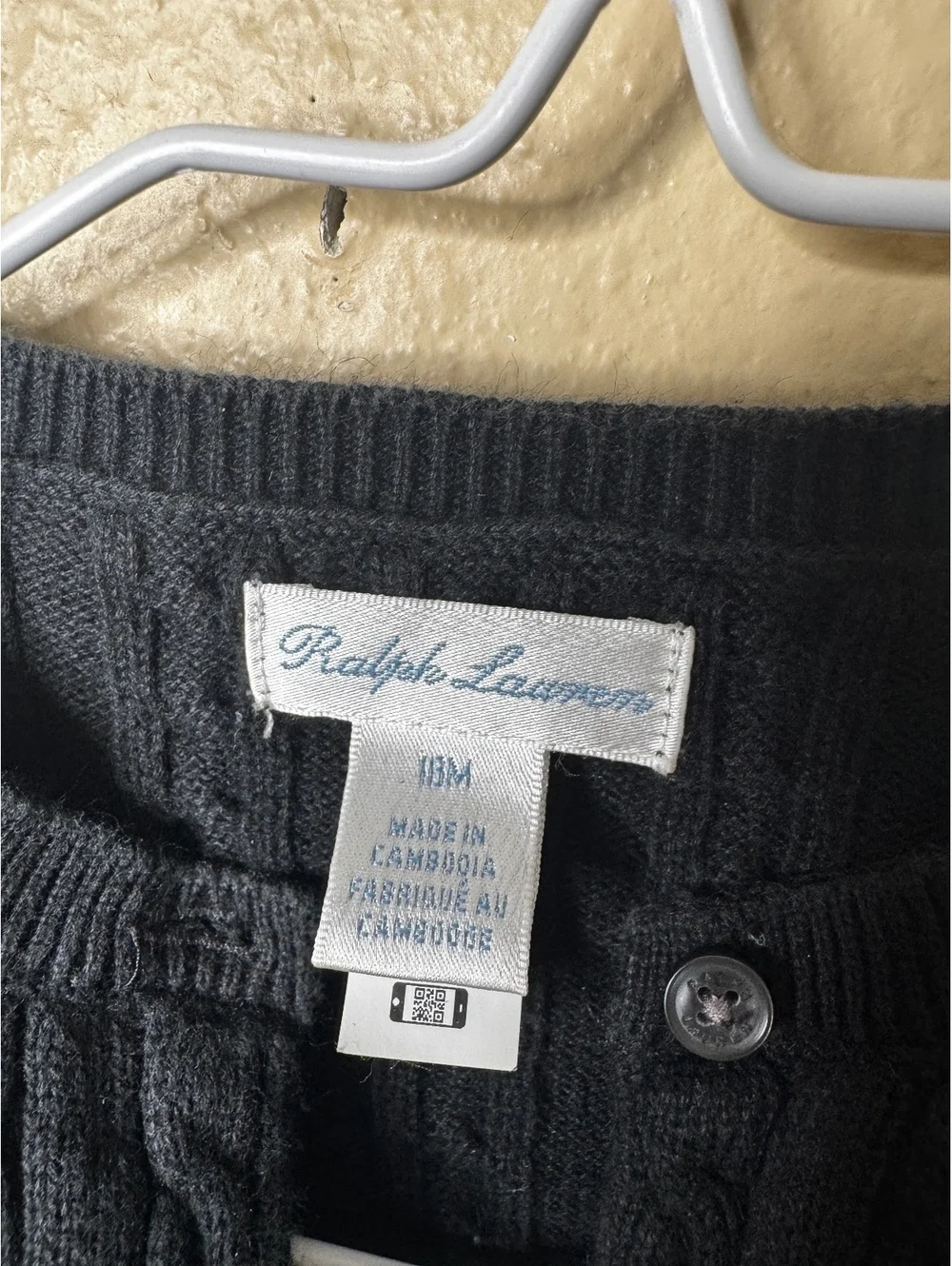 Ralph Lauren Unisex Baby 18M Black Cotton Cable Knit Cardigan Red Pony